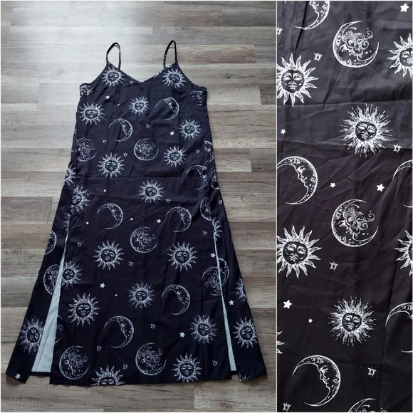 Celestial Sun Moon Star Print Midi Dress Large Goth Witch Fairy Zodiac Astrology - Picture 3 of 13